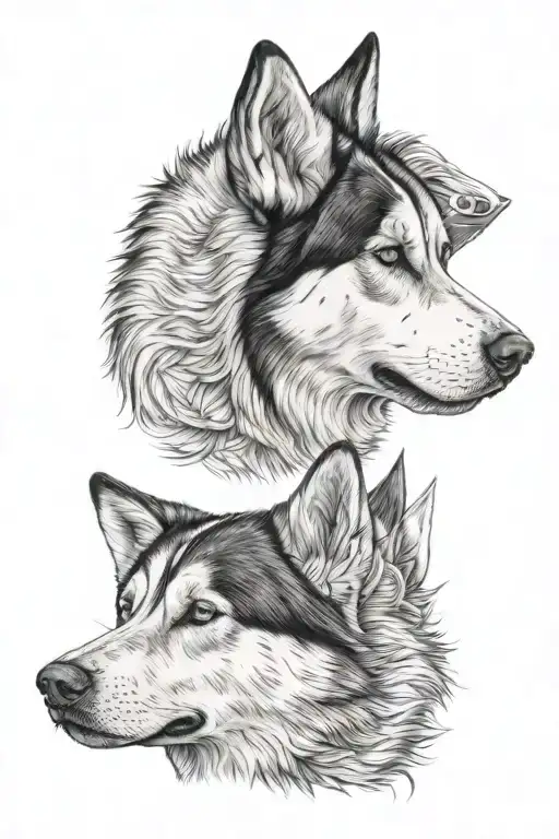 Portrait Of Dog Half Side Of Face Siberian Husky And Other Half Of Face White German Shepherd