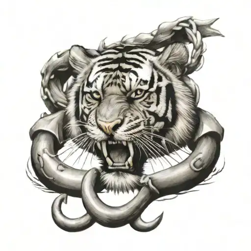 Tiger Grin Against The Background Of An Anchor