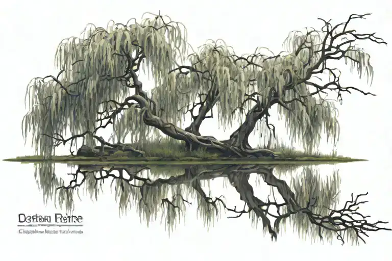 Clear Reflectin Off Of Water Of A Fully Grown Willow Tree