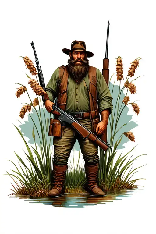 Bearded Mountain Man With Rifle Standing Next To Cattail Swamp
