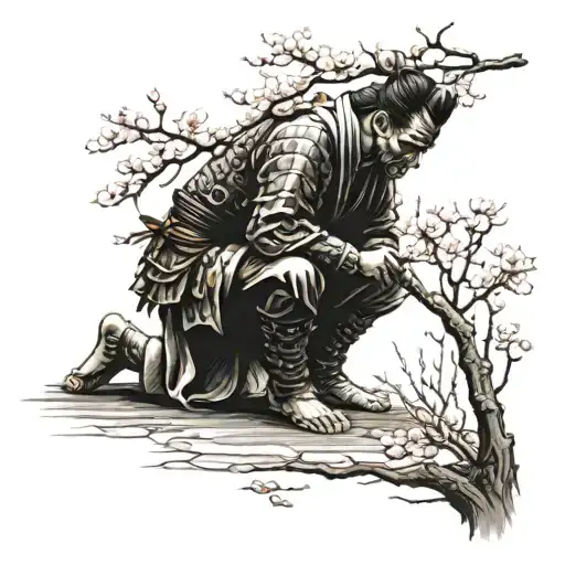 Samurai Warrior Kneeling Under A Cherry Blossom Tree