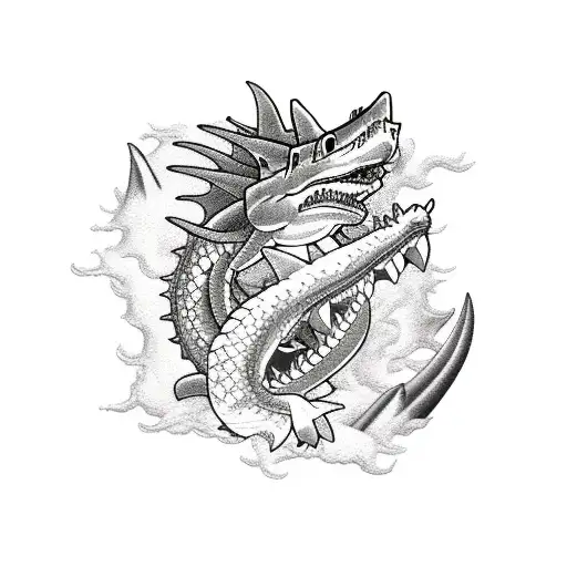 Dragon With Shark And Flowers