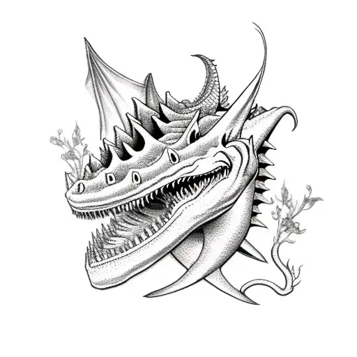 Dragon With Shark And Flowers