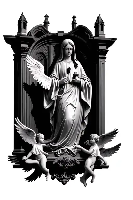 Virgin Mary With Angels And Gothic Church