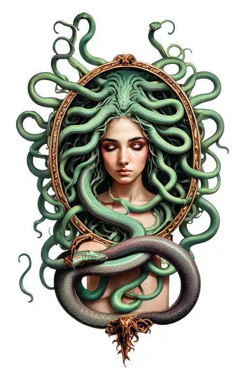 Medusa With Snakes Looking Into Mirror At Her Self