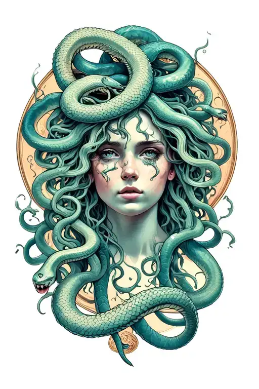 Medusa With Snakes Looking Into Mirror At Her Self