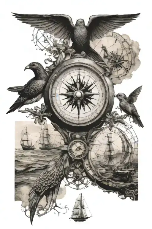 Maritime Compass World Map Swallow Hourglass Sea Turtle Sailing Ship Old