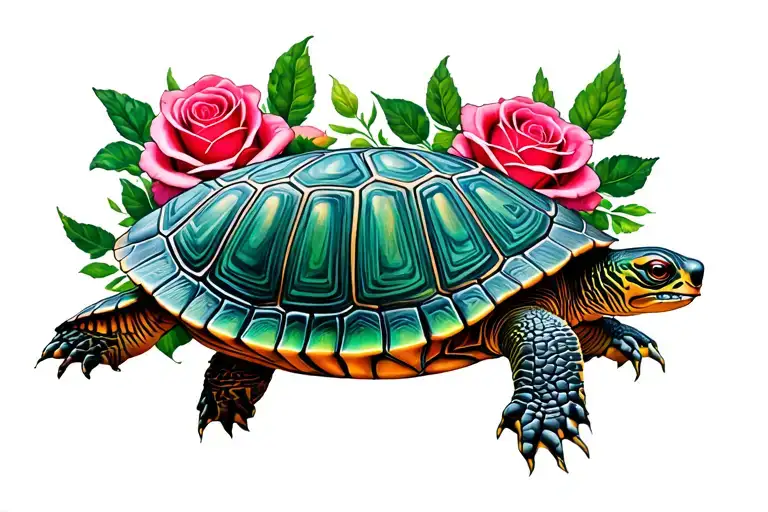 Turtle With Shell Pattern Roses Surrounding