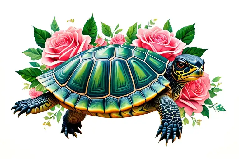 Turtle With Shell Pattern Roses Surrounding
