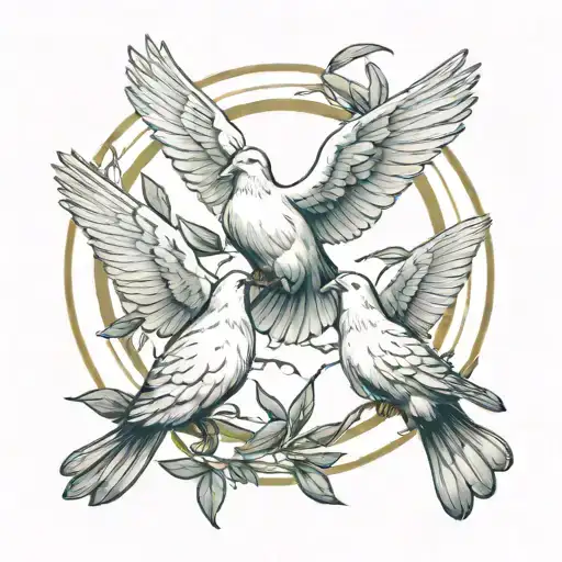 Three Doves Flying Around In Circle With Wings Open And Each Carrying A Olive Leaf
