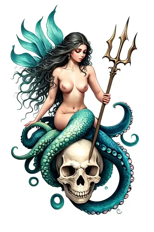 A Siren Mermaid Sitting On An Octopus Skull Hybrid Holding A Trident