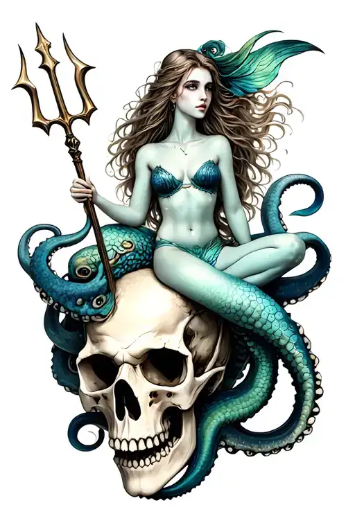 A Siren Mermaid Sitting On An Octopus Skull Hybrid Holding A Trident