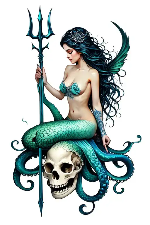 A Siren Mermaid Sitting On An Octopus Skull Hybrid Holding A Trident