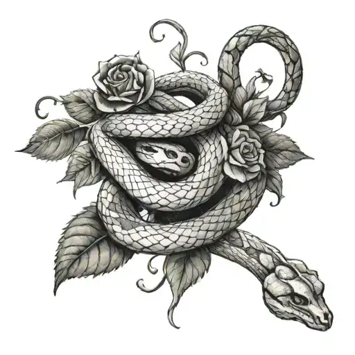 Snake Wrapped In Vines And Dead Roses Intertwined