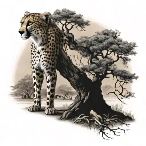 Cheetah In Front Of Boabab Tree