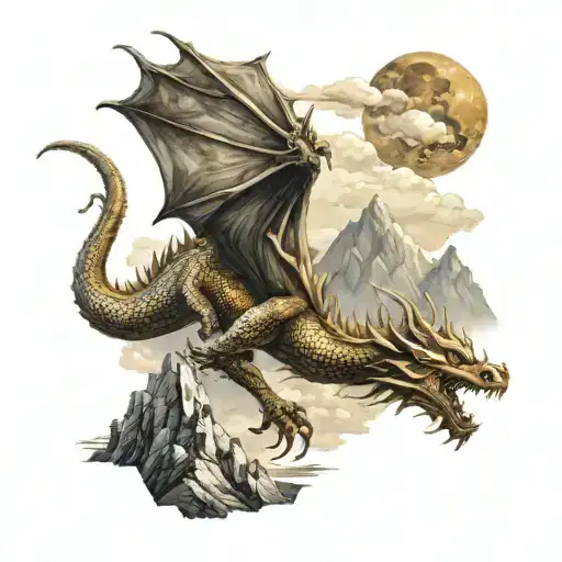 A Beautiful Golden Dragon In The European Style Flying Over Mountains