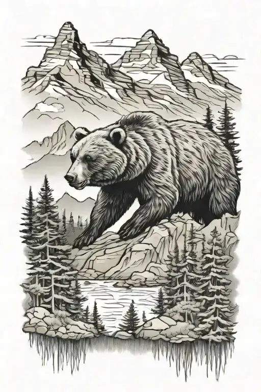 Bear Roaring With Trees And Mountains