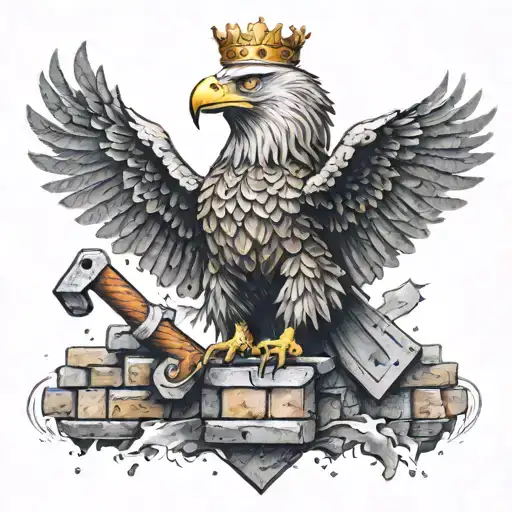 A Flying Eagle Holding A Hammer And Wearing A Crown Made Of Bricks