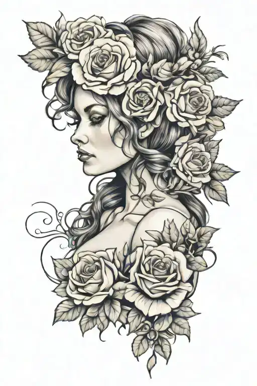 Woman With Yellow Flowers In Hair Holding A Rose