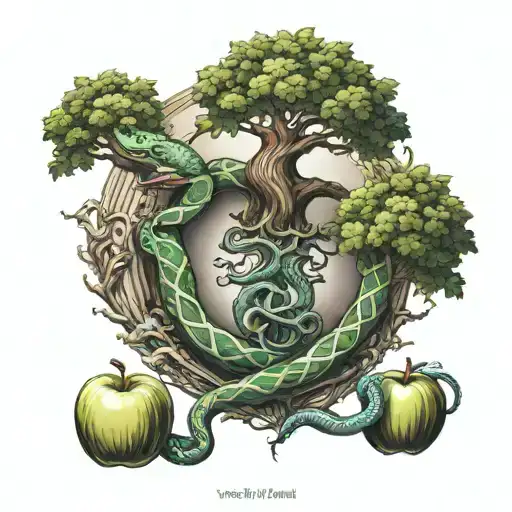 Yggdrasil Very And A Snake That Turns Around To Take An Apple