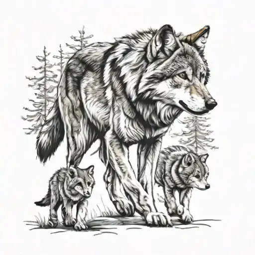 Wolf And Two Cubs Walking