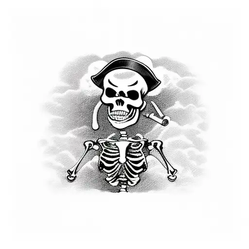 Pirate Skeleton On His Boat Drinking A Bottle Of Firaball