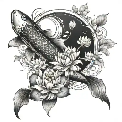 Koi Fish Yin Yang Lotus Flower Blooming