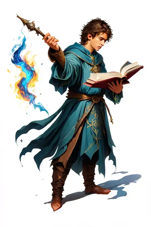 Young Male Mage Casting A Spell Book With Wand