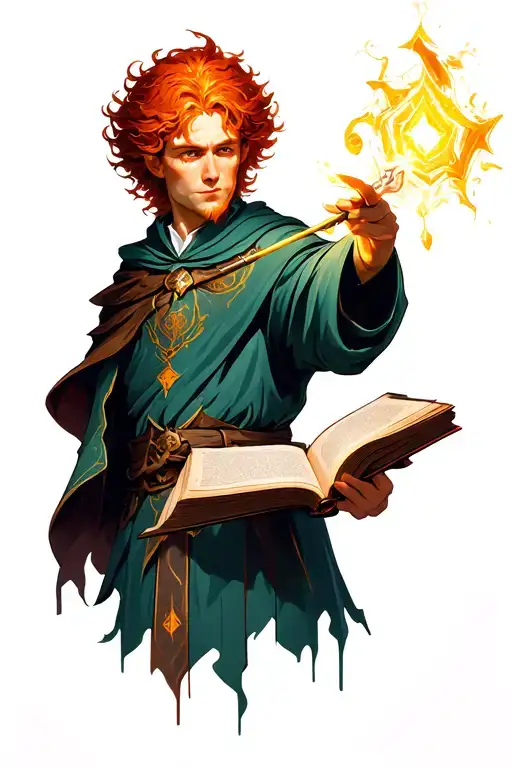 Young Red-haired Male Mage Casting A Spell Book With Wand