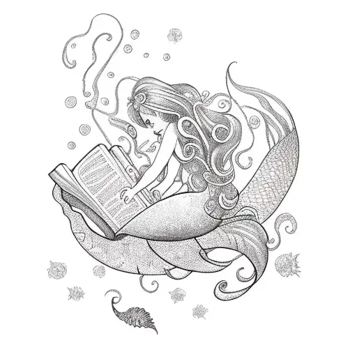 Mermaid Reading Books With Fairytales Swirling Around