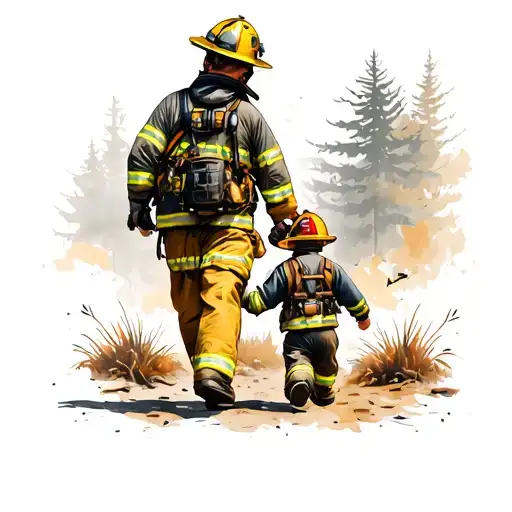 Firefighter Holding Hand With Son Walking
