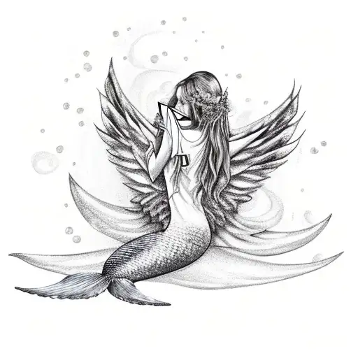 Mermaid With Wings Reading Books With Magic Swirling Around
