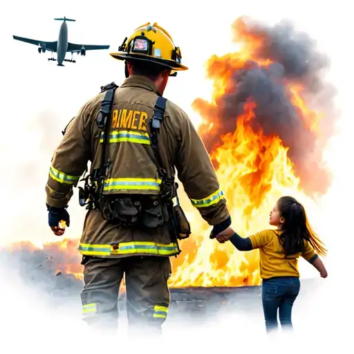 Firefighter Hold Hands With Daughter With A Fire And Airplane In The Background
