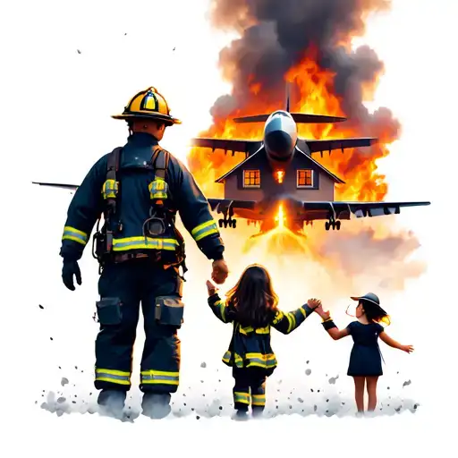 Firefighter Hold Hands With Daughter With A House On Fire And Airplane In The Background