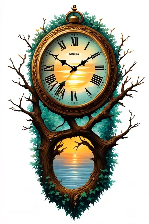 Clock Embedded In Tree Branches With Sunrise In The Background