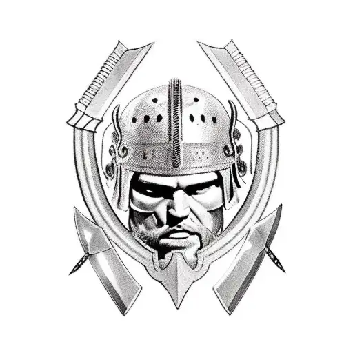 Gladiator Holding His Crying Helmet With Spear Or Sword But His Face Is Smilling