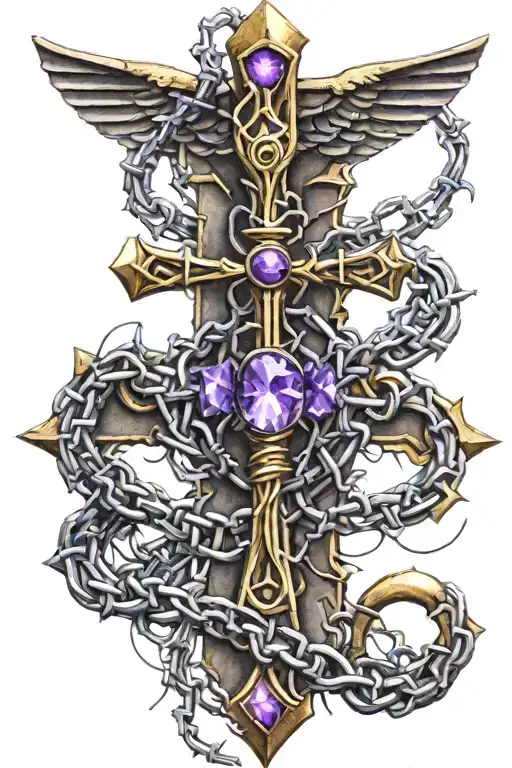 Barbed Wire Ankh With Purple Crescent And Jewels
