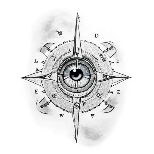 Women With Her Eyes Covered With A Compass Above Her And Clouds With Eyes Looking Down