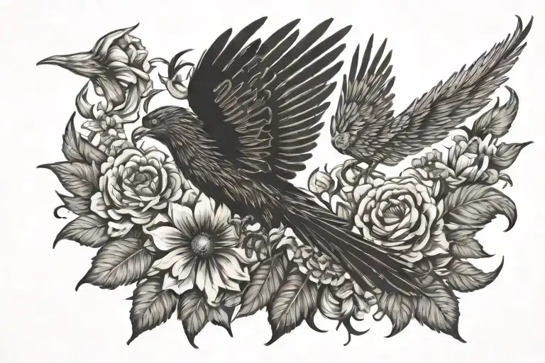 Shaded Tatto Of Small Flying Phoenix Silhouette With Big Flowers