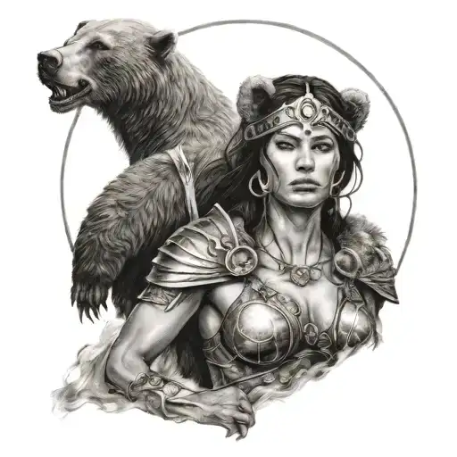 Warrior Woman With Bear Head Over The Moon