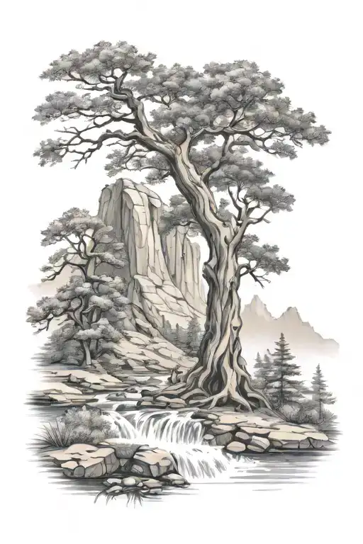 Mountains And Trees Water Fall Oak Tree