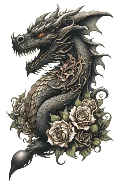 Dragon With Flowers And Flames
