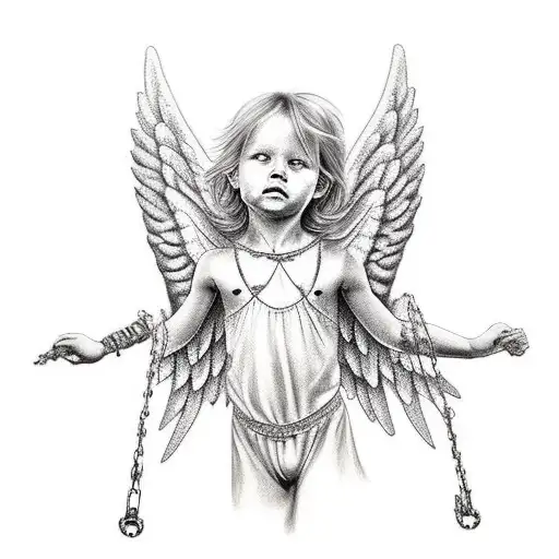 Winded Angel Across Back Posing With Broken Chains At Feet Adn Hands Below Grabbing Up