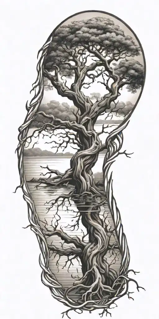 Twisted Intertwined Treetrunkc Intertwined Branches Reflected In Water