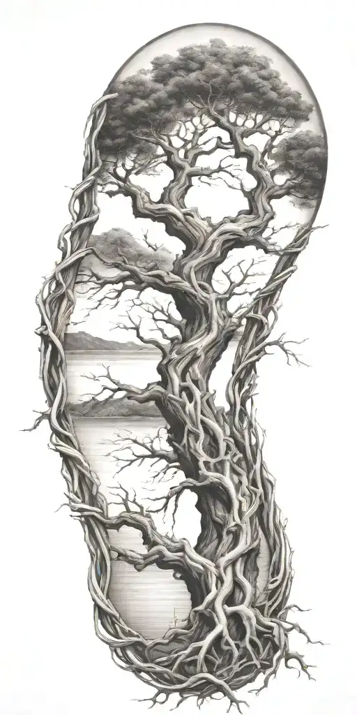 Twisted Intertwined Treetrunkc Intertwined Branches Reflected In Water