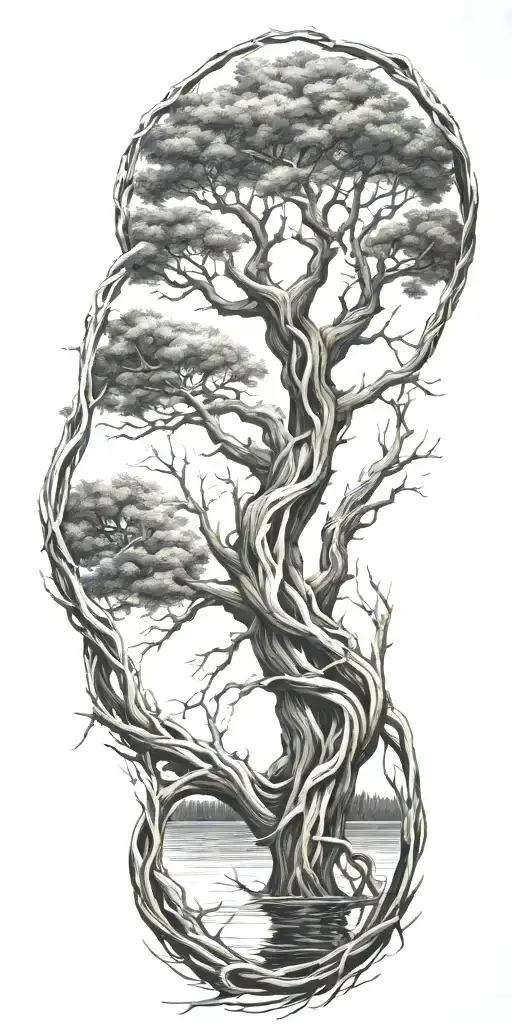 Twisted Intertwined Treetrunkc Intertwined Branches Reflected In Water