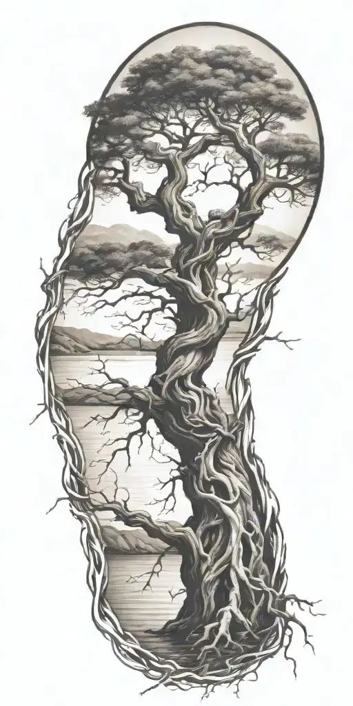 Twisted Intertwined Treetrunkc Intertwined Branches Reflected In Water