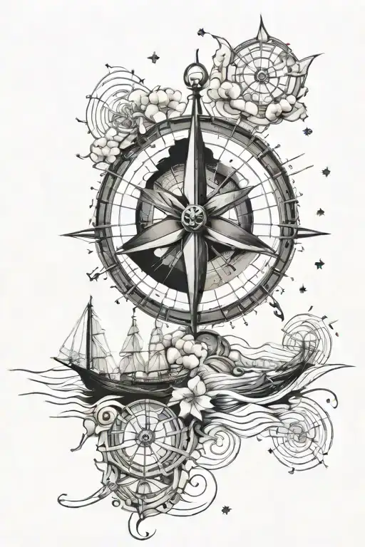 Compass Sky Filled With Stars And Ship Sailing