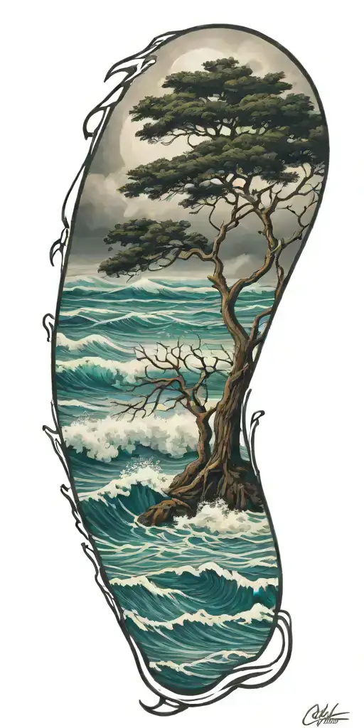 Tree Reflected In Stormy Waves Crashing In The Background