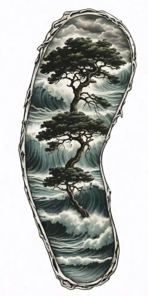 Tree Reflected In Big Stormy Waves Crashing In The Background